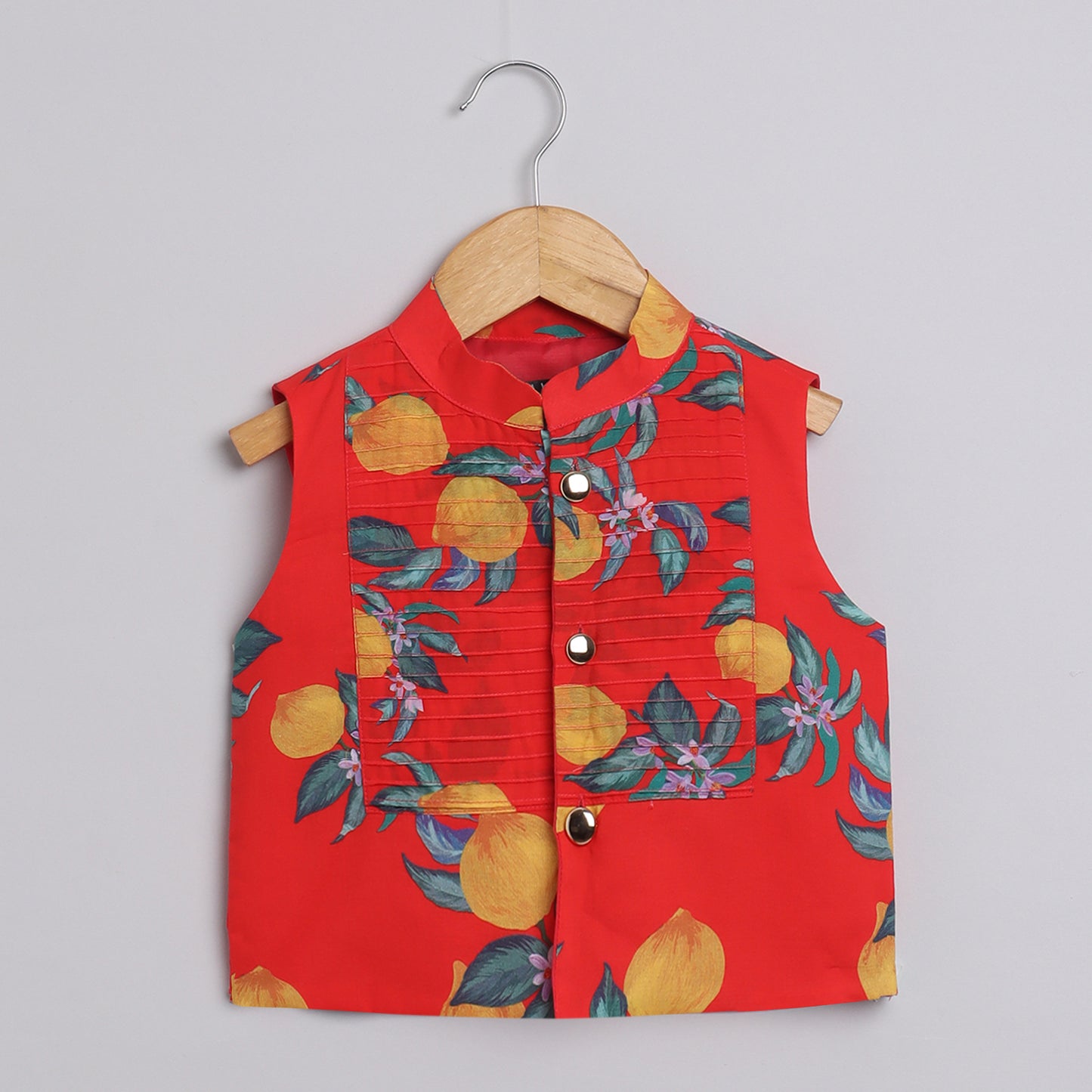 Boys Red Lemon Printed Kurta Jacket and Pyjama