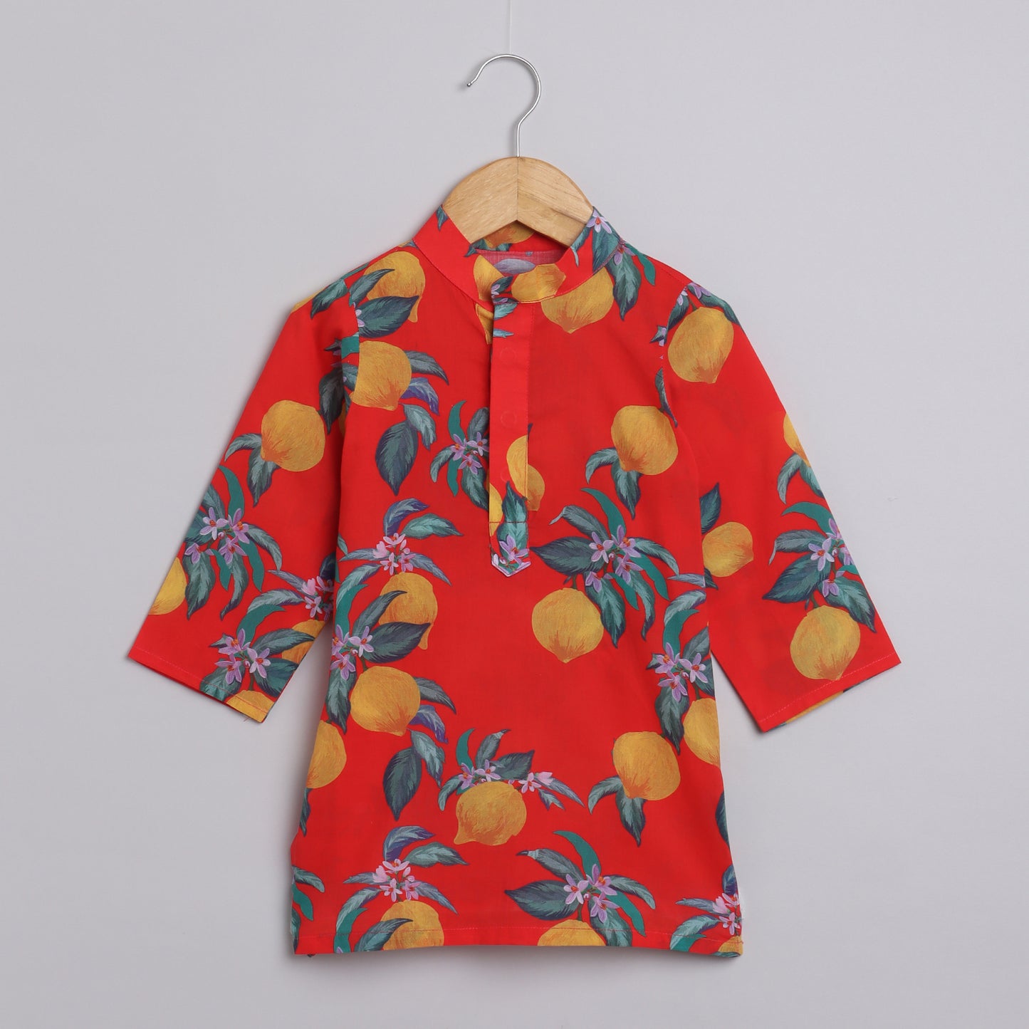 Boys Red Lemon Printed Kurta Jacket and Pyjama