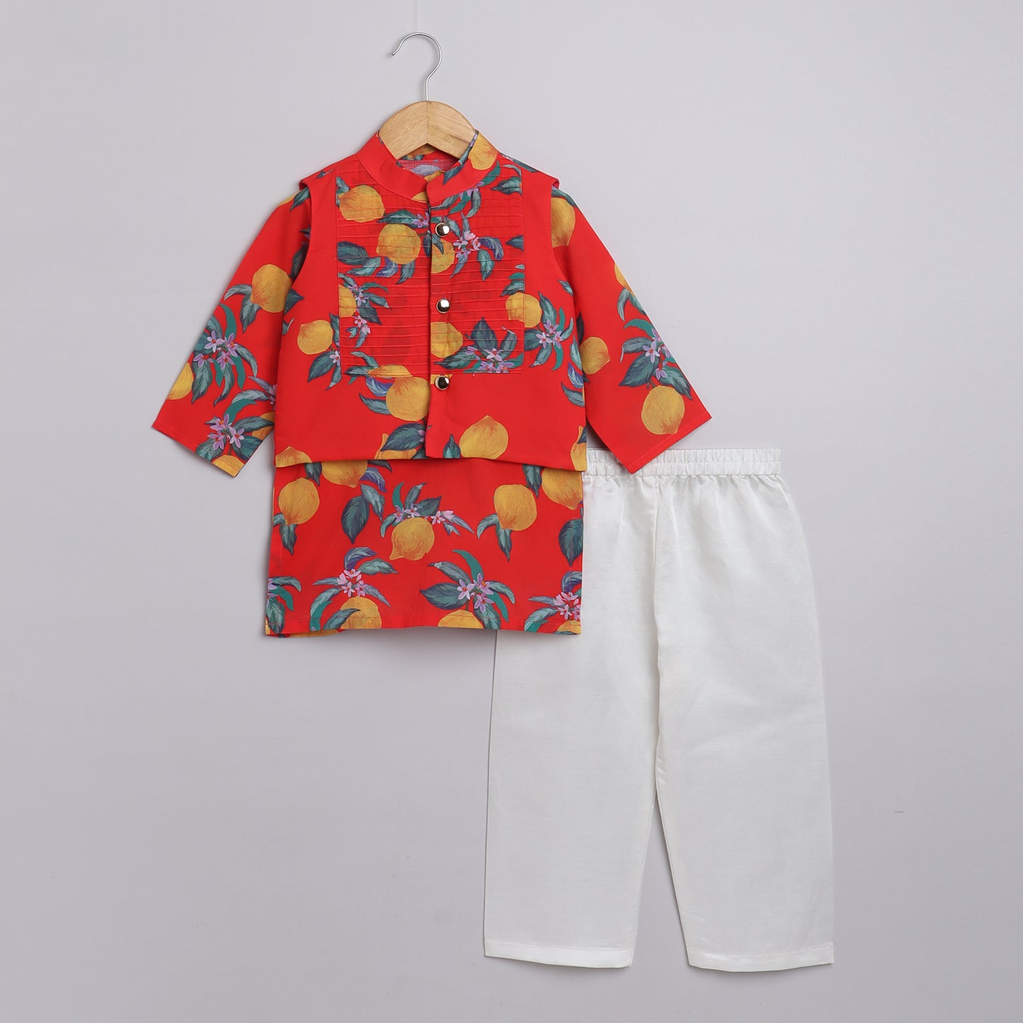 Boys Red Lemon Printed Kurta Jacket and Pyjama