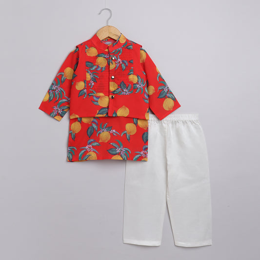 Boys Red Lemon Printed Kurta Jacket and Pyjama