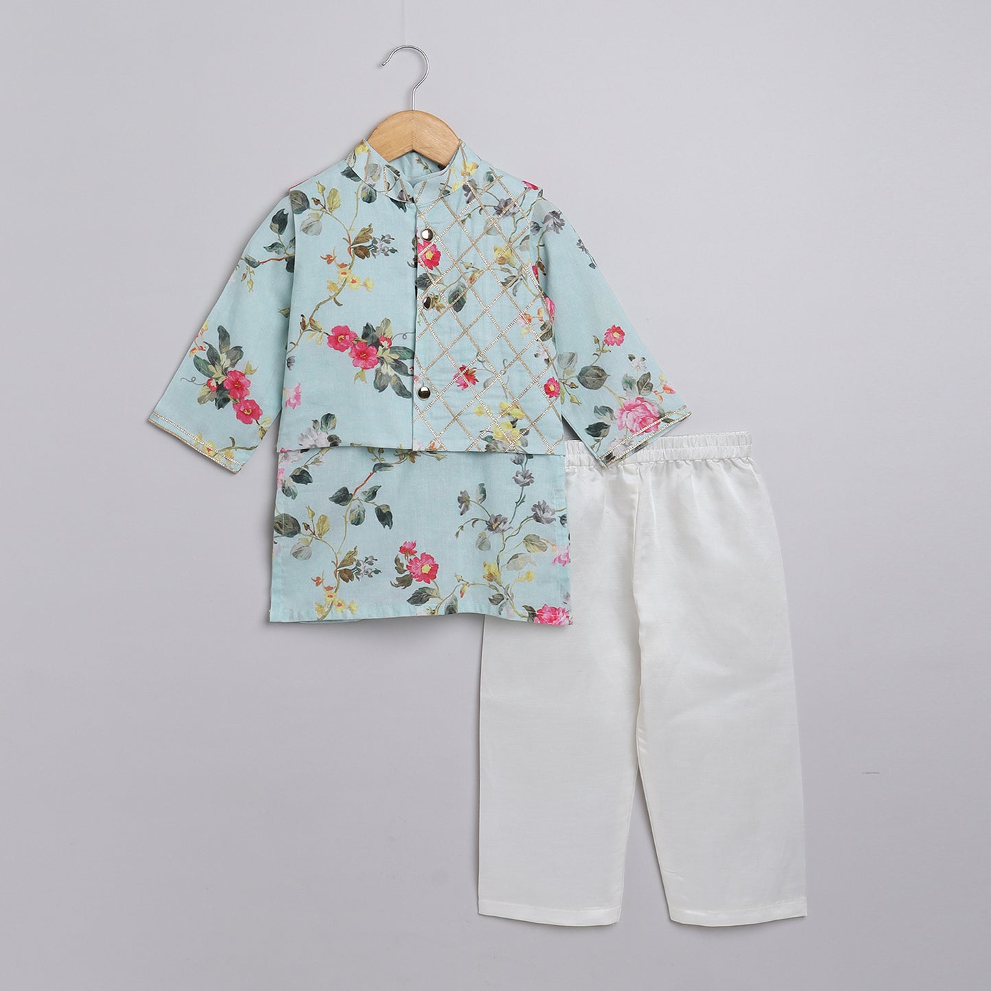 Boys Light Blue Floral Printed Kurta Jacket and Pyjama Set