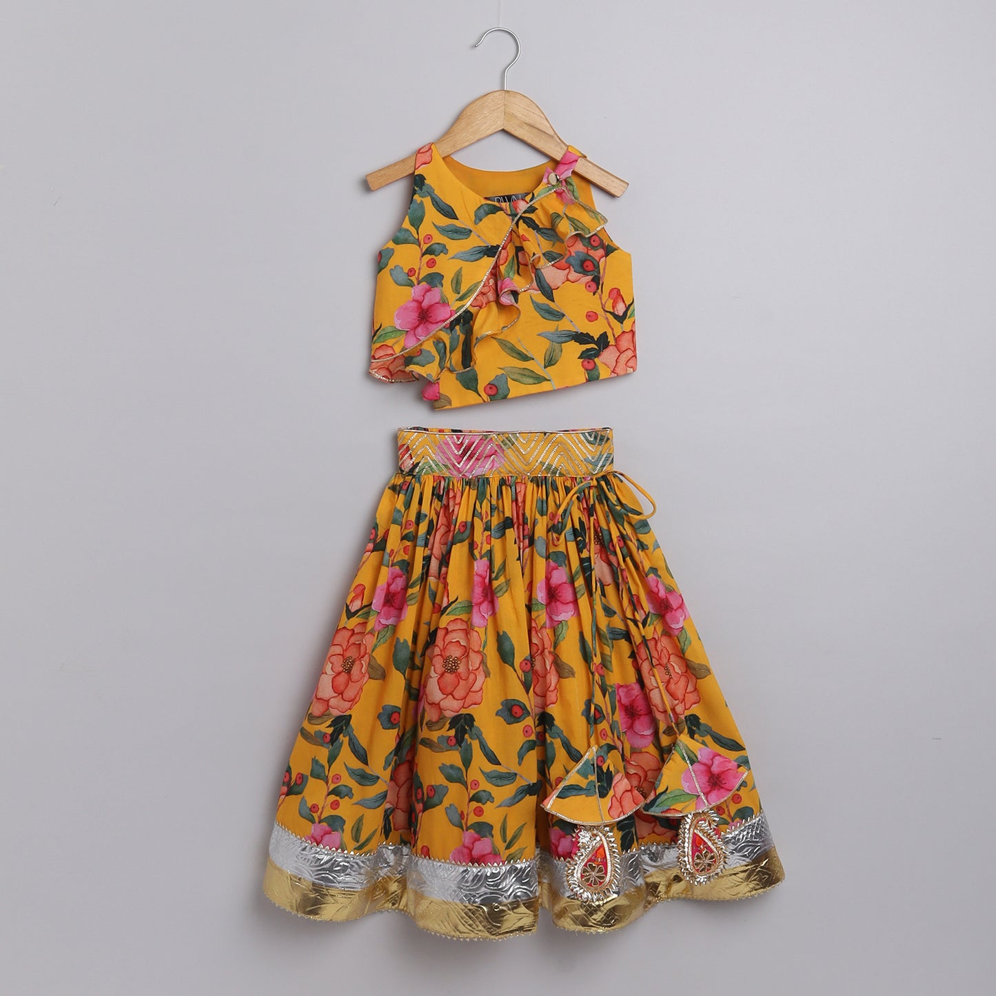 Girls Yellow Ocher Floral Skirt And Top