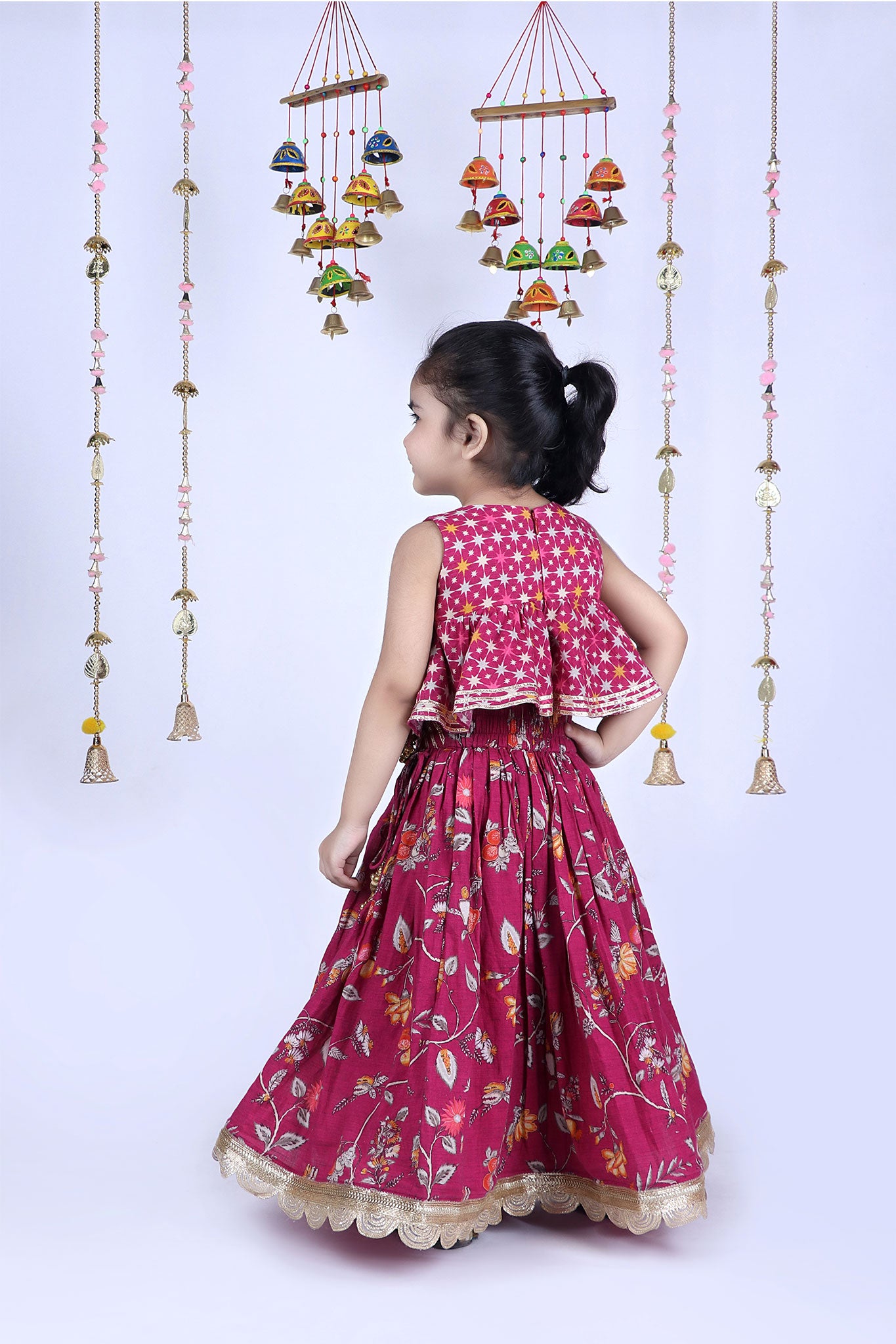 Cotton Printed Angarakha Style Blouse With Pleated Skirt